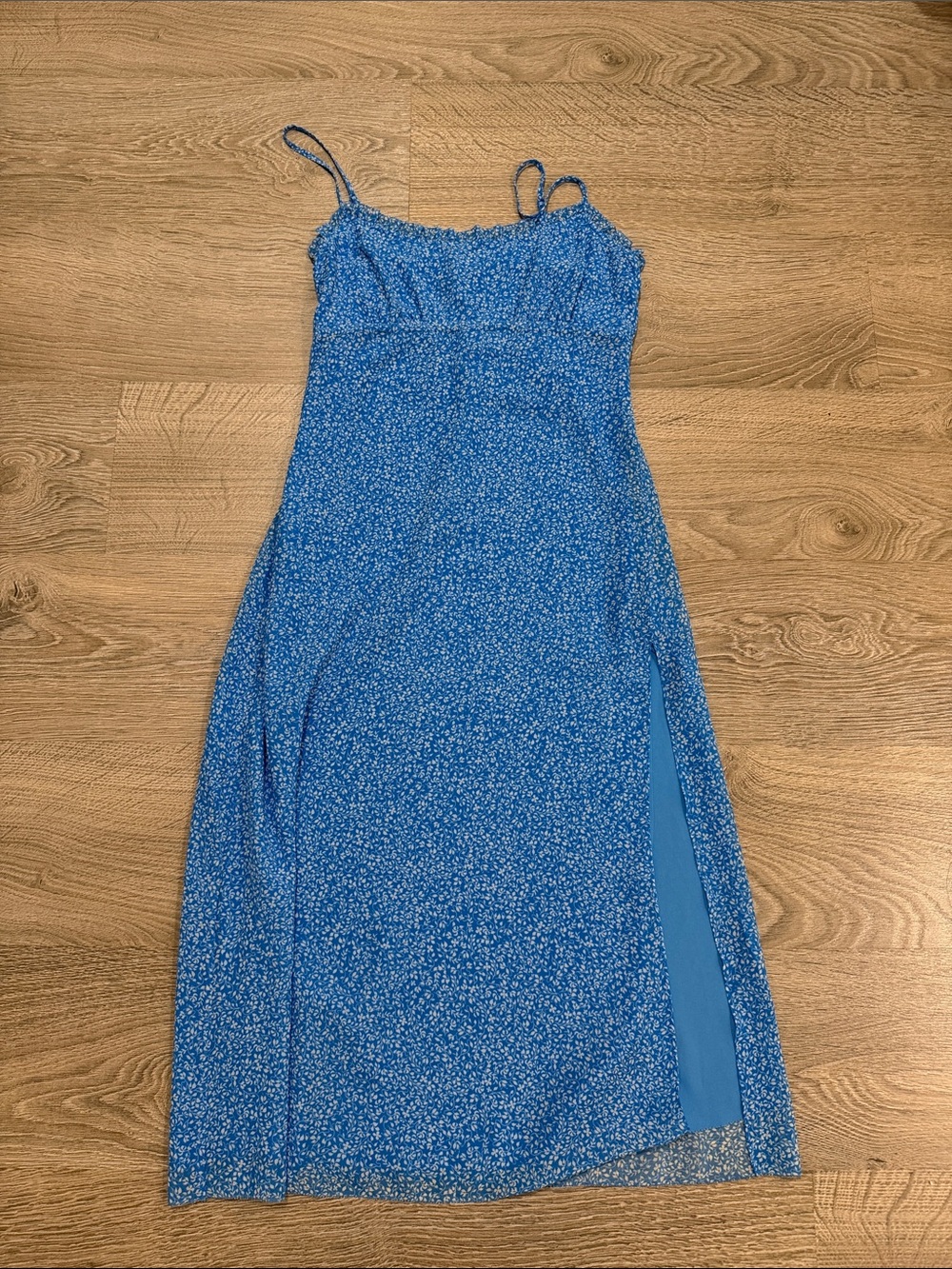 Aritzia Blue Floral Midi Dress with Spaghetti Straps